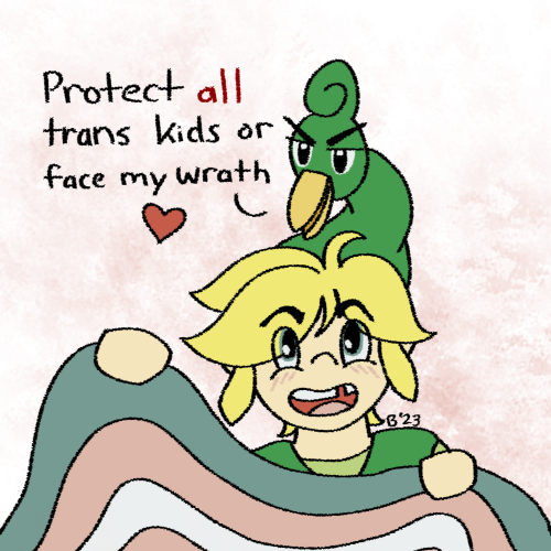 digital art of minish cap link smiling while holding up a trans flag. ezlo is on his head and says, "Protect all trans kids or face my wrath." end ID.