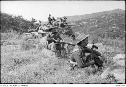 ourforgottenwars:Australian troops, supported by American Sherman tanks, await orders to continue th