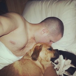 menandtheirdogs:  (Submitted by Marc)  Cuddling with Alfie and Dolly 