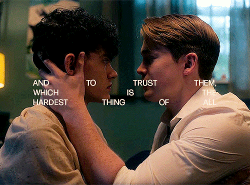 Nick is giving Charlie a long kiss on his forehead. The text in the gif says: "and to trust them, which is the hardest thing of all"