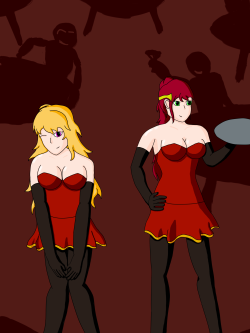 sashas-den:Inspired by this post by rwbysexcanons, Yang and Pyrrha go through with the desire to be waitresses. Jr. was probably happy to oblige.Expect a sequel or two where the patrons show their appreciation.