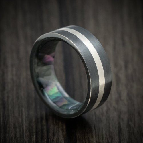 revolution-jewelry: Black Zirconium Ring with Silver Inlay and Black Mother of Pearl Sleeve Custom M