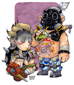keyshakitty:  I forgot to upload the finished scan, oops!Junkers milk tea break. Did the inks of this for Inktober and decided to finish it with markers. @jakface got super excited that I drew a picture of Roadhog without her asking me too. XD 