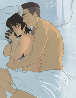 obscene-sacura:   princessdidemi said to obscene-sacura: How  about Keith and Shiro spooning (cuddling) after sex, Keith being the  one being in Shiro’s arms, both look like their in bliss   