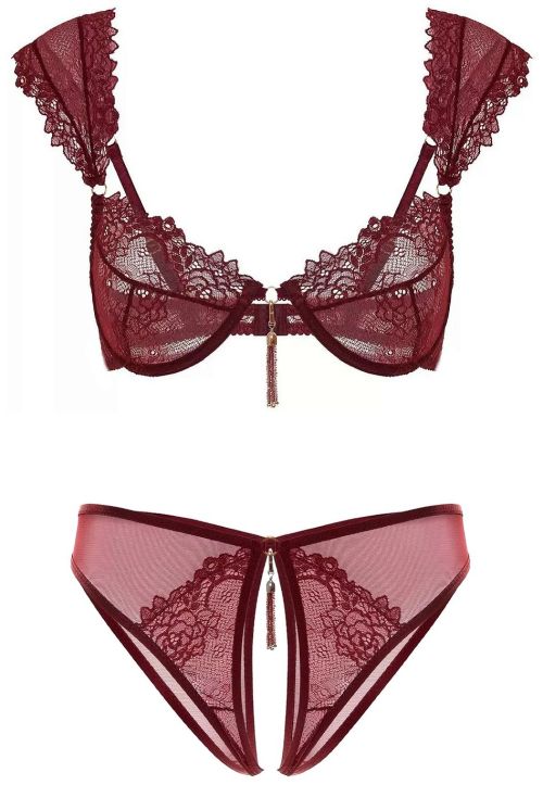 My Dear Petra | Jack • ouvert knickers + bra in burgundy lace + tassel embellishments