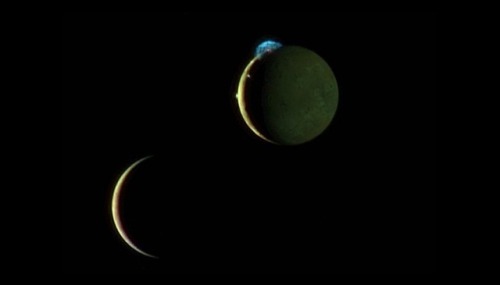 This beautiful image of the crescents of volcanic Io and more sedate Europa is a combination of two 