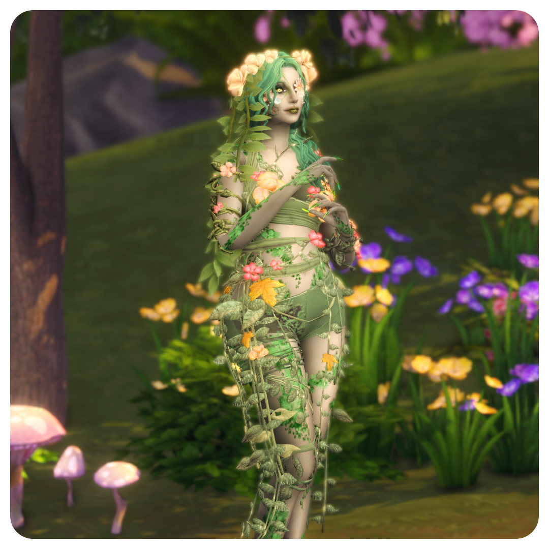 Another look at the hamrayad outfit with a crown of beautiful flowers. 