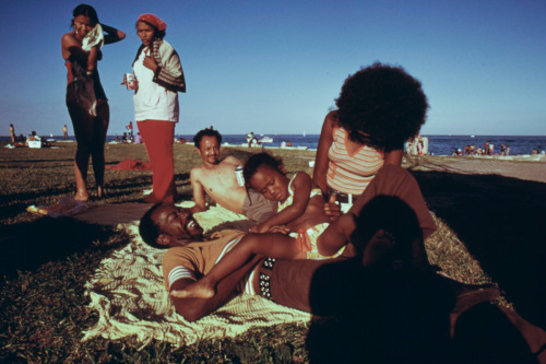 Family enjoying their afternoon at the 12th street beach on Lake Michigan in Chicago, 1973