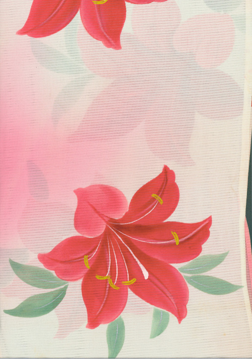 A silk Ro (gauze) summer kimono featuring large hand-painted red lilies on a white background.  Tais