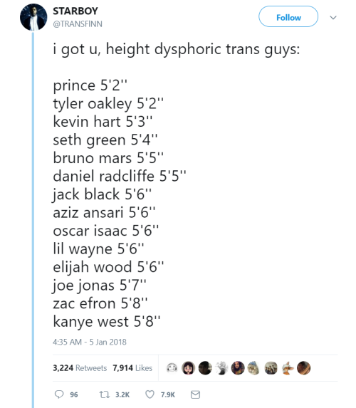 gaypitbull: ardentiluxtenebris:  reference-database:  For height-dysphoric trans men - list of shorter male celebrities. Posted by @   TRANSFlNN on twitter   Anyone got something like this for trans women because like…Being 6ft tall doesn’t exactly