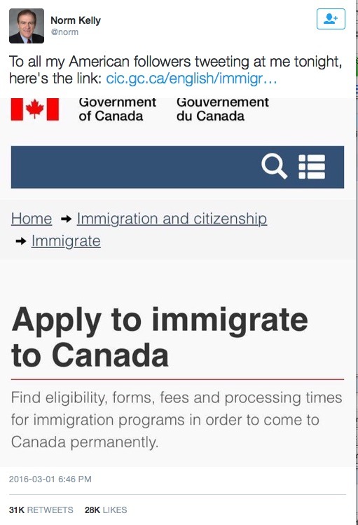 allthecanadianpolitics:
“ If anyone doubts that Americans are legitimately considering escaping to Canada if Trump wins, look at this.
At the time of this posting the tweet is 4 hours old. It has 31,000 retweets.
”
