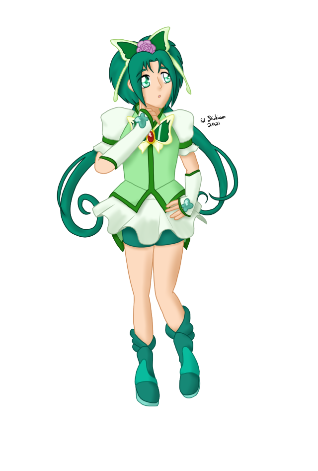 Digital fullbody drawing of Cure Mint from Yes PreCure 5 GoGo, facing forward looking up and away, finger to her cheek thoughtfully, left hand on her hip.