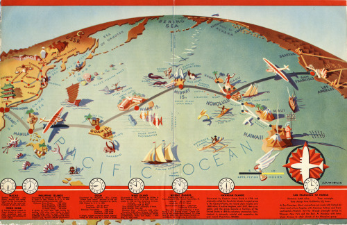 J.P Wittlig, route map, 1937. Pan American Airways. Route across Pacific, with time-zone changes. Vi