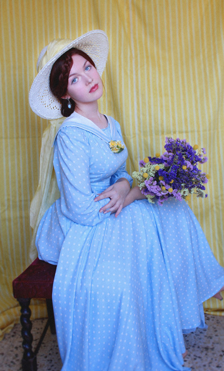 Sky-blue dress, a-la 50&rsquo;s with sailor’s collar. Viscose 100%Handsewn by Rebecca ShtulmanModel: