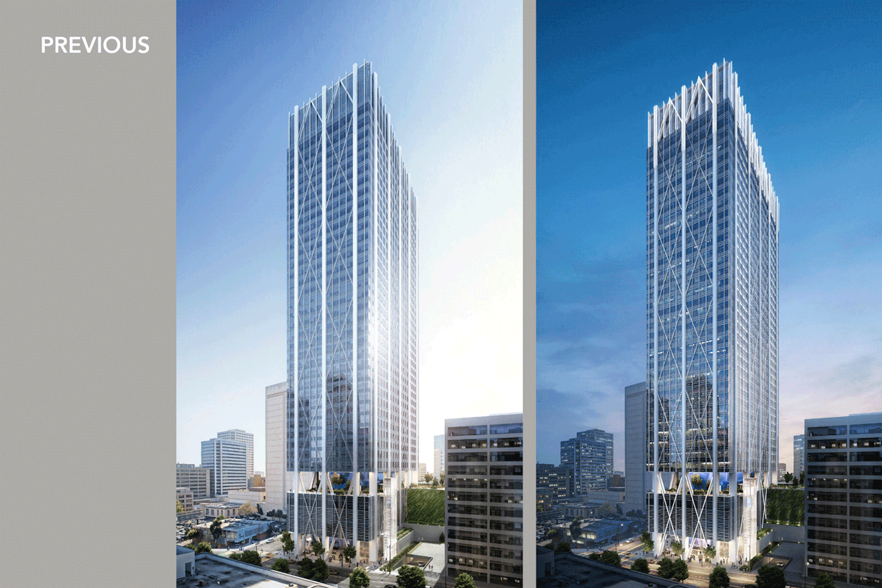 415 20th Street GIF of the previous rendering compared with the updated design, image from Hines