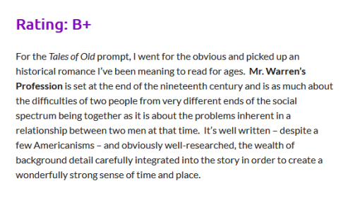 Thanks to Caz for this delightful review of Mr Warren’s Profession!~For the Tales of Old promp