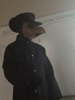 acid-loveee:  superpower-lottery:  hugjackman:  my fuckin health teacher came in as a plague doctor for halloween and proceeded to say nothing to us for the whole class. he did hit a few desks with a walking stick tho.  how do you know it was your teacher