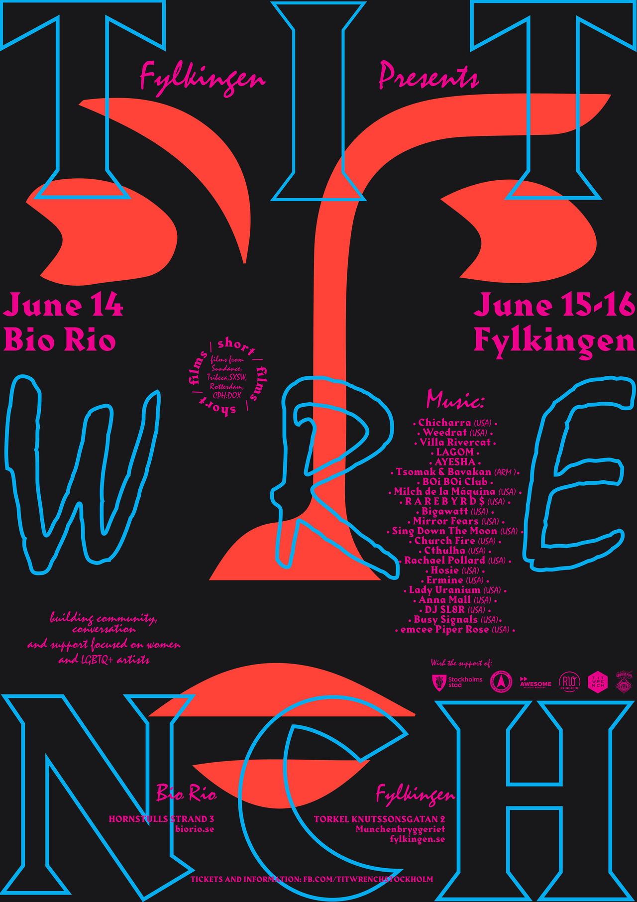 Join us for @titwrenchstockholm Festivalen on June 15-16 at Fylkingen, in Stockholm, Sweden!
Kickoff party on June 14th with a very special film festival at Bio Rio!
experimental // punk // lo-fi // folk // psychedelic // electronic //heavy rock //...