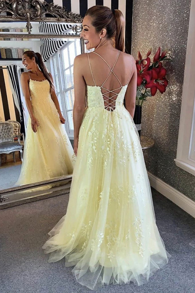 Yellow tulle lace long prom dress yellow formal dressbuy here: shdress ...