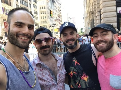 v171:I know y'all have probably seen all of these already but I want to make my own post. Had an amazing time at NYC Pride with @mikerickson @tj-593 and @lifewithasideofbacon. Also Tyler is an amazing cook and gracious host. LOOK AT THIS ATTRACTIVE SQUAD!