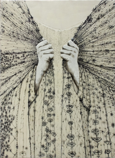 darksilenceinsuburbia:  Andrea Benson. Unrevelling 3. Encaustic on wood panel with paper
