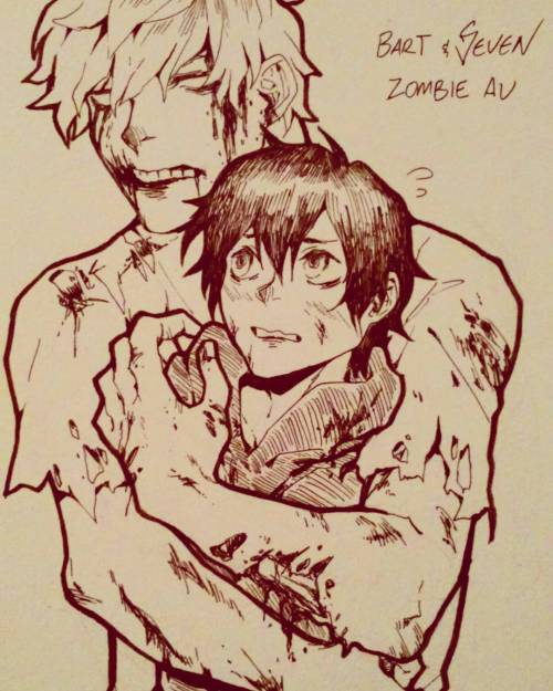 Zombie AU drawings! Zombie Apoc and zombie Seven an then some Zombie Seven and living Bart. Yay! So 