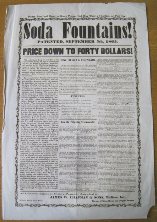 This broadside from around 1868 advertises soda fountains available from James W. Chapman & Sons