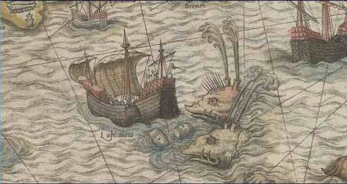 Sea monsters from 16th century maps. Man/horse/fish, sea pig, two blowholed whales, and giant lobste