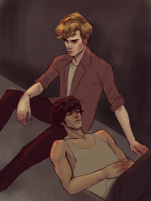 callipygianflamingo: enjolras and grantaire from luchia’s stupid terrorist boys au! :D