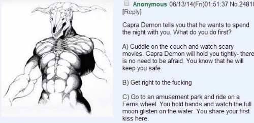 maeborowski: strawberrymedley:  maeborowski:  its not a greentext but can we all agree the capra demon post is the best 4chan post  which post?  