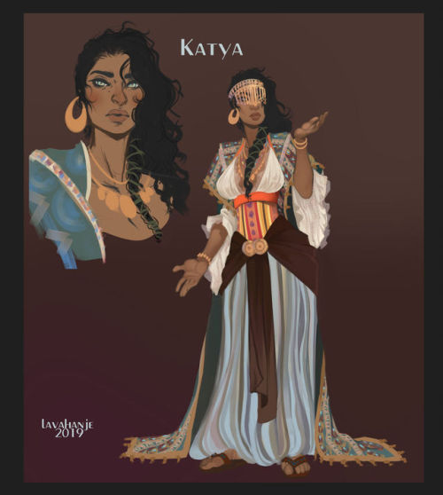 This is my character Katya, she’s a musician in a traveling troupe who plays the Qanun. I had 
