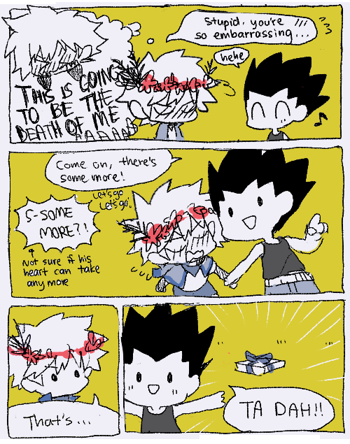 winter-cakes:  I actually wanted to draw a comic on why Killua was wearing gon’s jacket from here but I got a bit carried away adoifhda