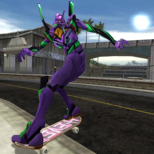 kazucrash:  brondeef:  kazucrash:  Evangelion Unit-01 for Tony Hawk’s Underground 2 / THUG Pro is now publicly available! Get on the deck and shred, Shinji. You can download it / her here. Special thanks to KittyInHiding and grazekai on DeviantArt