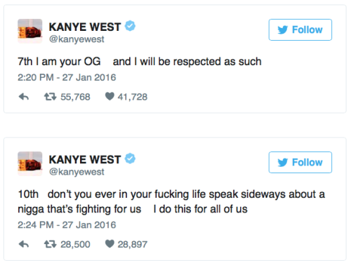 calculated-risk-taker18:  micdotcom:  Kanye West just went off on Wiz Khalifa on TwitterKanye held nothing back against Wiz Khalifa after the fellow rapper implied his new album name Waves was stolen from incarcerated rapper Max B. West went hard in