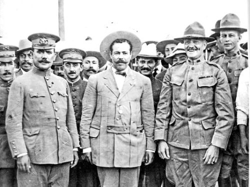 historicaltimes:Left to right: Álvaro Obregón, Pancho Villa, and General Pershing, and George S. Pat