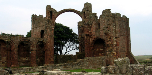 Ruins of Lindisfarne Monastery on Northwestern coast of England.Vikings attacked the island in 793 a