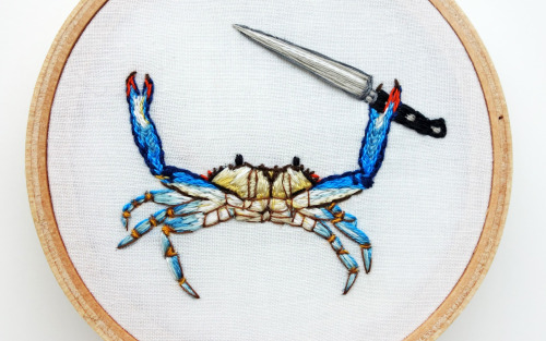 littlealienproducts:Crab with a Knife!!! embroidery by Ghost Barn