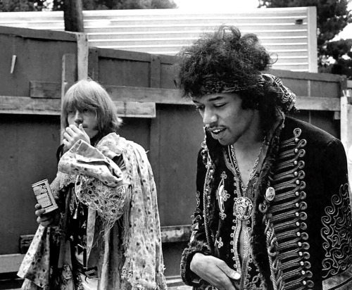 savetheflower-1967: Brian Jones &amp; Jimi Hendrix at Monterey Pop Festival - 1967.