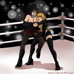 toplesssuperheroinewrestling:  Commission: Nico vs. Illyana by Nahemii  Certainly not the usual types you see on this site. Who’s going to triumph in this exchange of magic for muscle? 