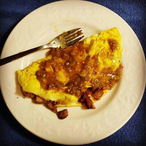 Breakfast! Egg & Cheese Omelet STUFFED With 1/2 Of A Diced, Leftover Pork Chop, Sautéd With Mushrooms