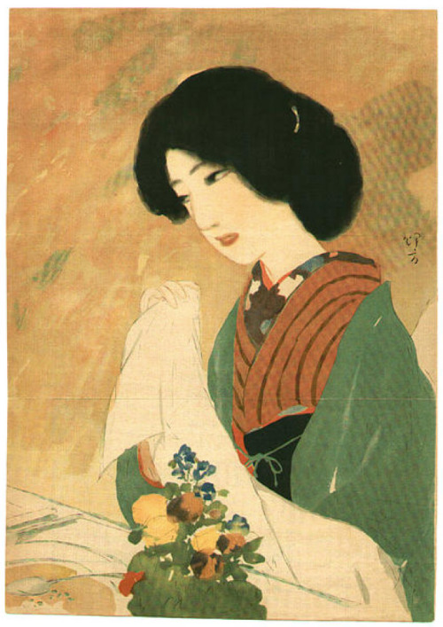 Ikeda Terukata 池田輝方 (1883-1921)Bijin in traditional kimono in a Western style dinner - 1912-1926