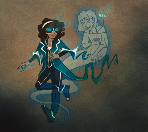 rairii:A picture of Inktail’s character Ruella as a ghost, and my Kamika as a Superhero/witch lady, 