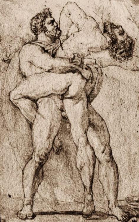 Hercules strangling Antaeus. Louis Charles Couder. french. 1790-1873. graphite pencil on paper.  