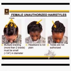 wocgettalkin:  frank-e-shadow-tongue:  bookishboi:  dynastylnoire:  compactiscute:  So natural hair is being targeted by the U.S. Military.  “More than 30% of females serving in the military are of a race other than white. As of 2011, 36% of females