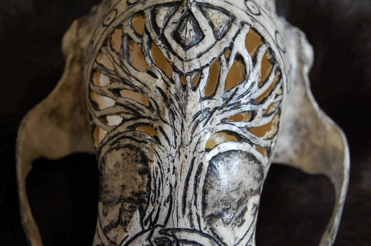 magicallycapricious:  Carved black bear skull. Tree of life and a triquetra.  Available