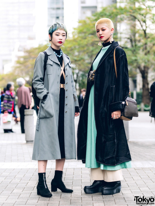 tokyo-fashion:  Saki and Rabu on the street in Tokyo with short hairstyles and fashion including a GVGV coat, Toga Japan dress, leather harness, vintage faux fur waist bag, tassel earrings, and snakeskin platform boots. Full Looks