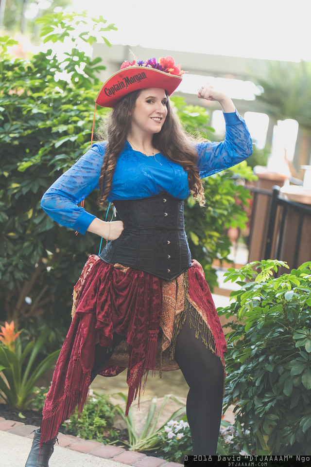 Rule 63 Captain Morgan cosplay wearing black tights.