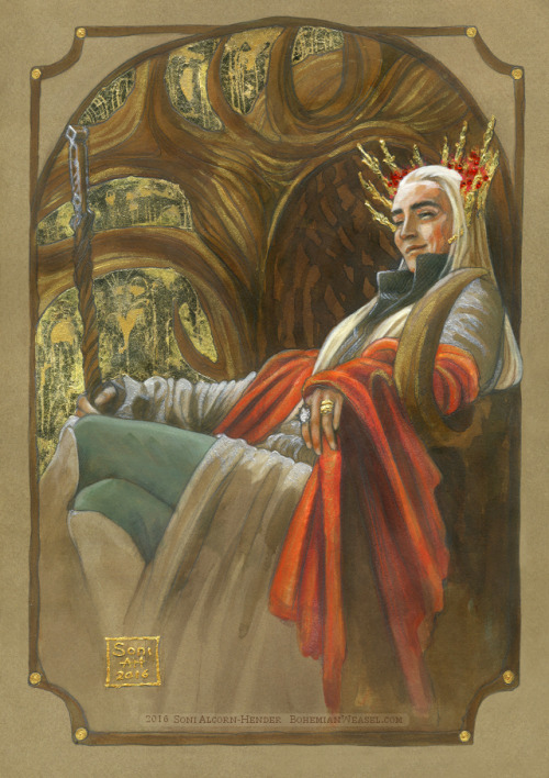 Finished: Thranduil upon his throne, Acrylics, gold leaf, and sass: 8.3x11.5&quot; In his crown 