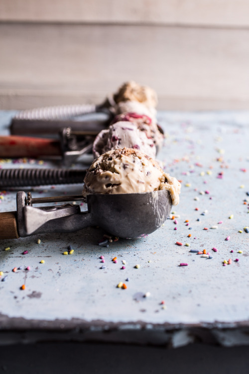 sweetoothgirl:  No Churn Ice Cream 5 Ways (Bourbon Cherry and Cacao Nib, Blackberry Lavender, Sea Salt Honey and Dark Chocolate Chunk, Espresso Chip, & Malted Vanilla and Peanut Butter Cup Chip)
