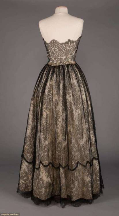 DIOR COUTURE CHANTILLY LACE BALLGOWN, 19522-pc strapless couture ballgown of ivory silk faille w/ Ch